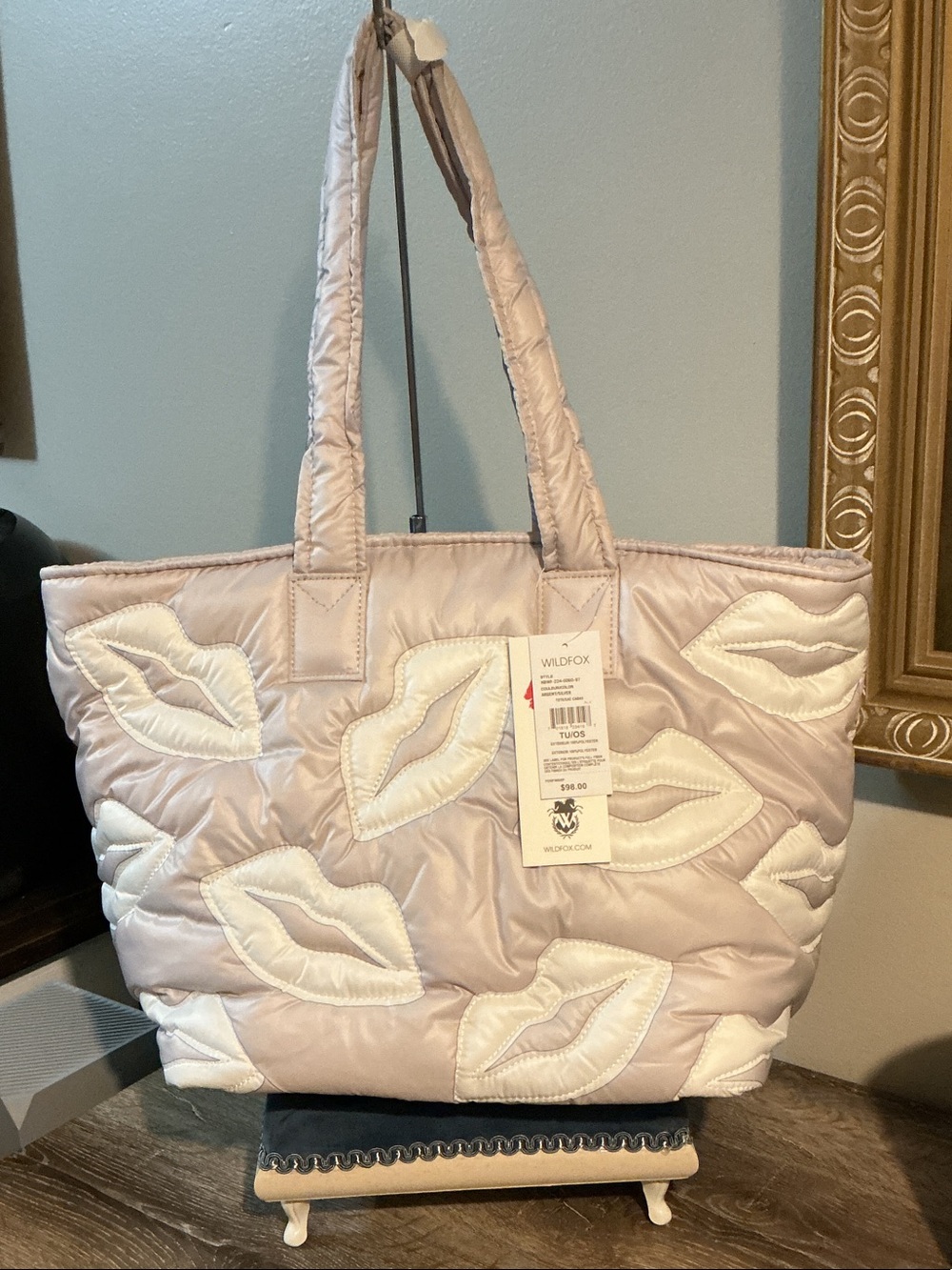 Wildfox NWT Tote Argent Silver Quilted Tote with White Lip Appliqués 12x12.5x9